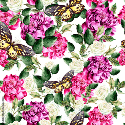 Watercolor pattern with green leaves, peony and roses flowers.