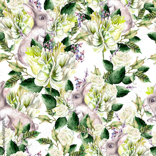 Watercolor pattern with Fanny banny, green leaves,lavender and tulip flowers.