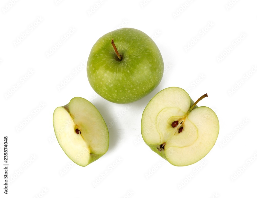 Green fresh apple with slice isolated on white background Green fresh apple with slice isolated on white background