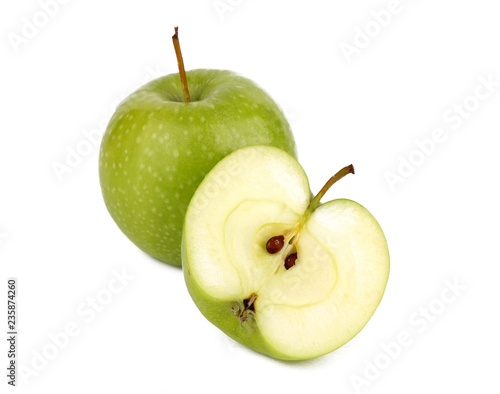 Sliced Fresh Green Apple Isolated on White Background in Full Depth of Field 