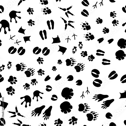 Animal and bird trace silhouettes of steps imprints, seamless pattern on white