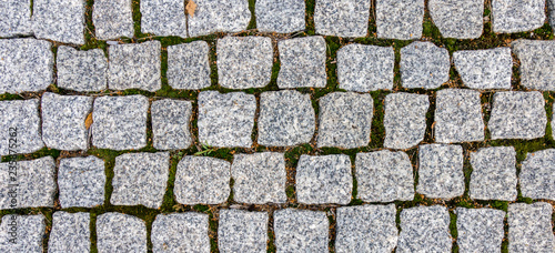 Pavement with grass and dry leaves shape as irregular pattern texture background