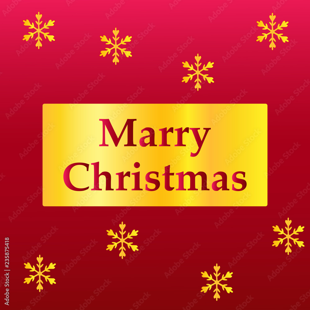 Elegant Merry Christmas lettering design with shining gold glittering snowflakes in gold frame on red background. Vector illustration EPS 10