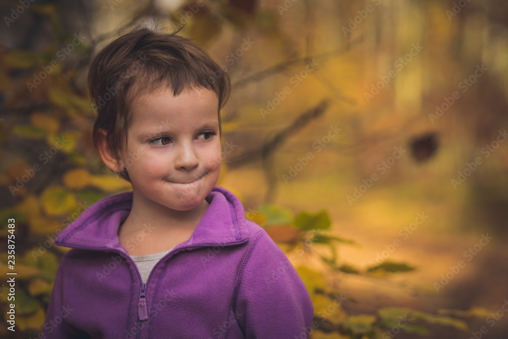 Portrait of little caucasian girl on autumn park, background blur