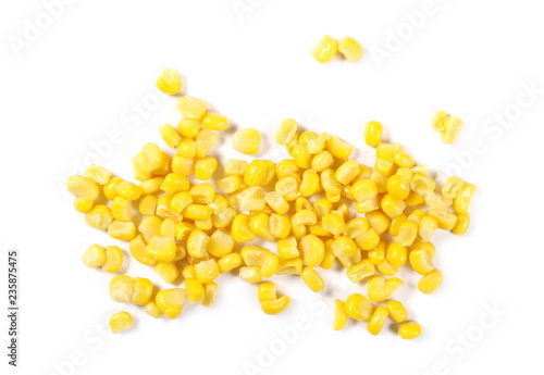 Yellow cooked corn isolated on white background, top view