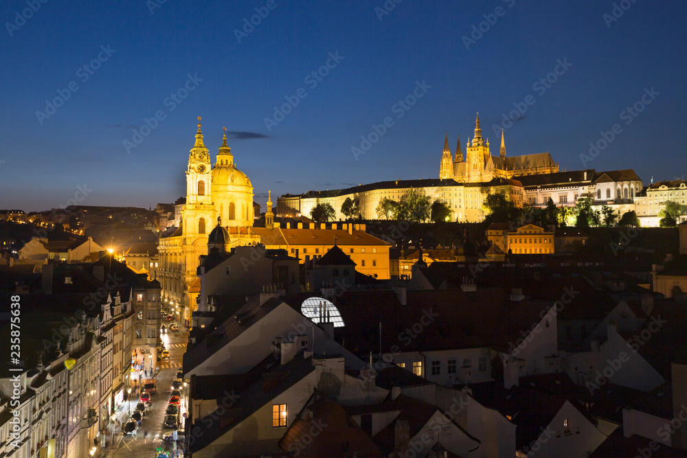 Prague, Czech Republic, Beautiful view of the night city from above. Mala Strana, church Nicholas and the Prague Castle