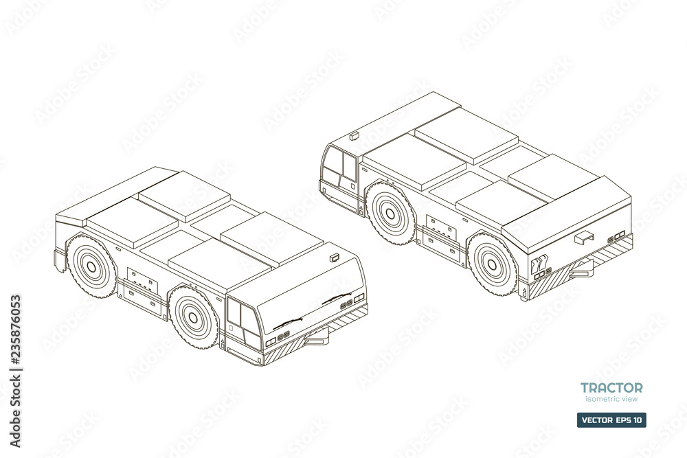 Airplane towing vehicle in isometric style. Outline blueprint. Repair ...