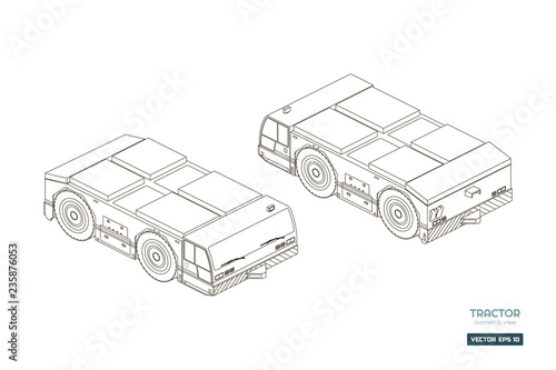 Airplane towing vehicle in isometric style. Outline blueprint. Repair and maintenance of aircraft. Airfield transport. Industrial drawing of 3d car