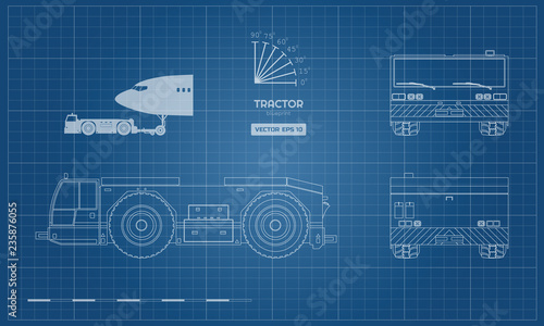 Airplane towing vehicle in outline style. Front, side, top and back view. Repair and maintenance of aircraft. Airfield transport. Industrial blueprint