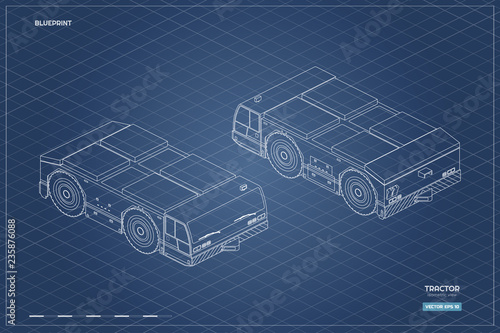 Airplane towing vehicle in isometric style. Outline blueprint. Repair and maintenance of aircraft. Airfield transport. Industrial drawing of 3d car