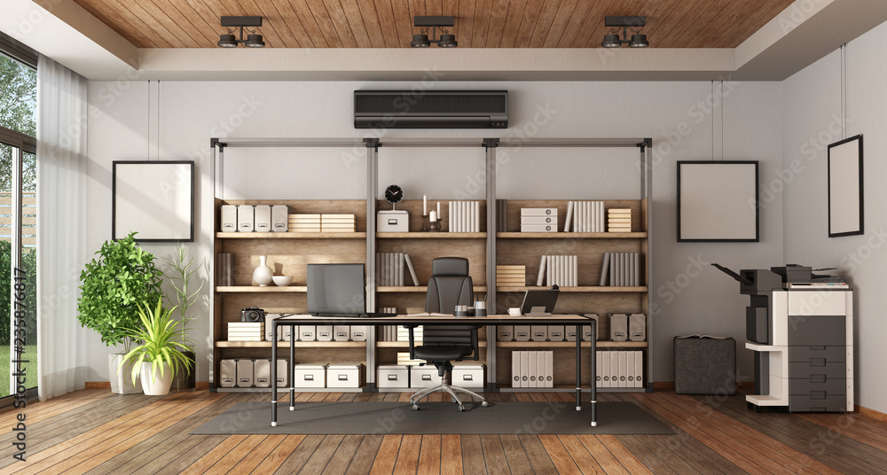 Modern office with bookcase and desk Stock Illustration | Adobe Stock