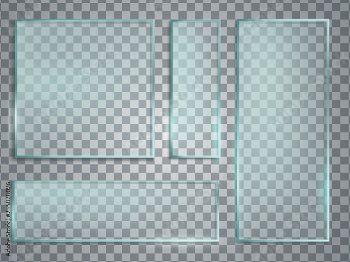 Green glass plate realistic vector set. Glass texture with shado