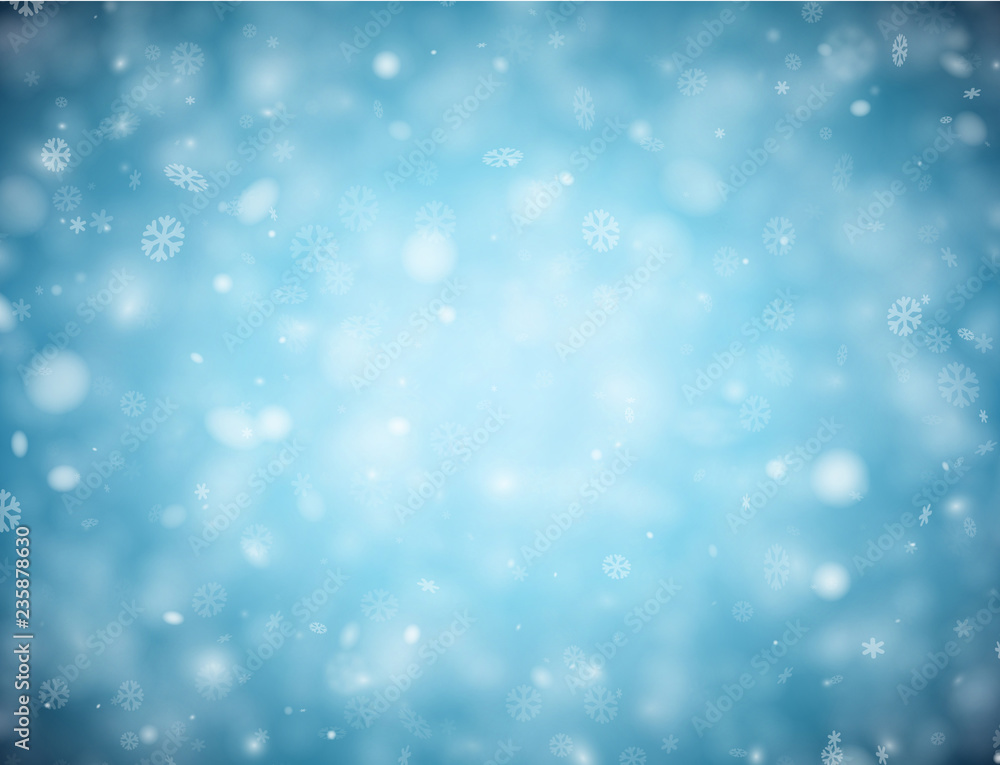 Blue background with snow for winter, Christmas and New Year design.