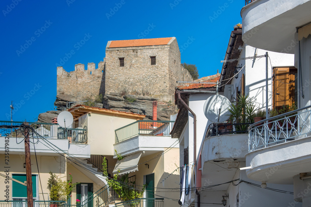 The architecture of Kavala - a look from the Old Town to the fortress buildings on the top of the hill - a meeting of past and present. Greece.