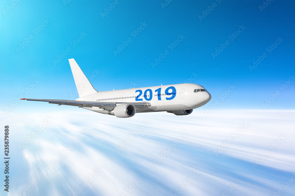 Airplane with the number 2019. The concept of the rapidly approaching future new year.