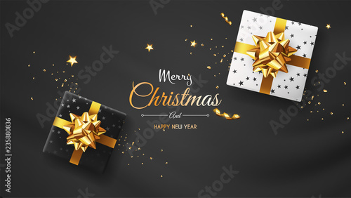Vector photorealistic top view christmas still life. Vector design xmas banner, brochure cover. Merry christmas callygraphy.