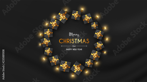 Vector photorealistic top view christmas still life. Vector design xmas banner, brochure cover. Merry christmas callygraphy.