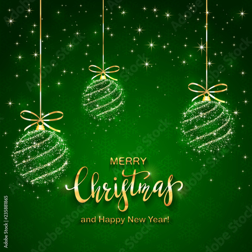 Shining Christmas balls and Text Merry Christmas on Green Background