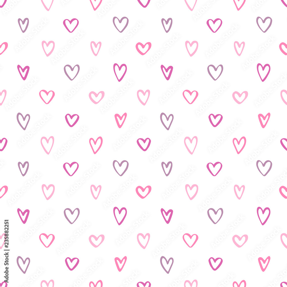 Doodle style uneven tiny different outline hearts seamless repeat vector pattern. Valentines day hand drawn background, template. Various cute little heart shapes regular texture.