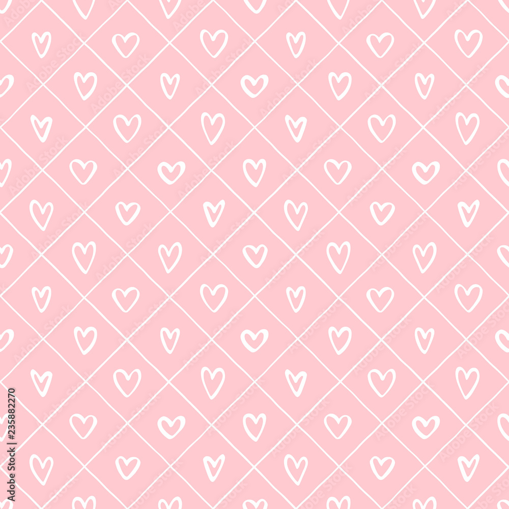 Valentines day background. Doodle style various hearts and crossing diagonal stripes, streaks seamless vector repeat pattern. Uneven hand drawn lattice, square grid, trellis, grating regular texture.