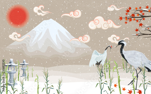 Japanese cranes winter on sunset