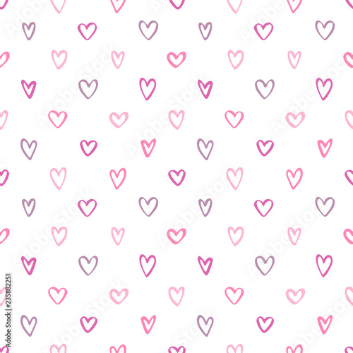 Doodle style uneven tiny different outline hearts seamless repeat vector pattern. Valentines day hand drawn background, template. Various cute little heart shapes regular texture.