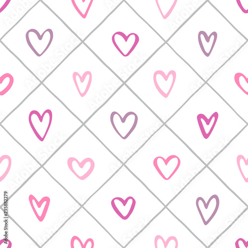 Doodle style various hearts and crossing diagonal stripes, streaks seamless vector repeat pattern. Valentines day background. Uneven hand drawn lattice, square grid, trellis, grating regular texture.