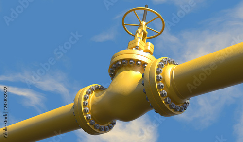 3D illustration of oil/gas pipeline valves with a bright blue partially overcast sky background.