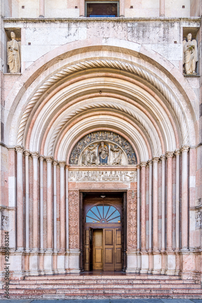 View at the entrance to Baptistery of Parma in Italy