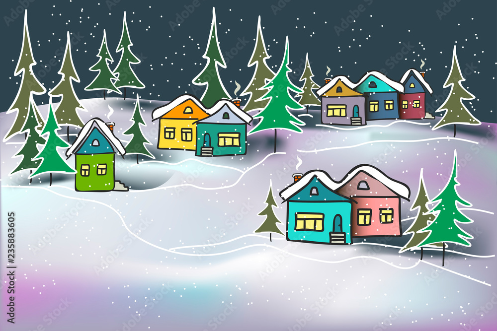 Vector background illustration cute cozy night winter landscape caramel multicolored houses and firs in snow drifts for card, typographic print, cover page, web site, banner.