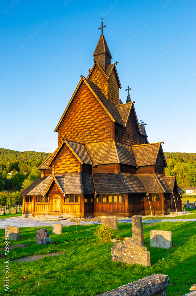 Heddal stave church in Norway at sunset