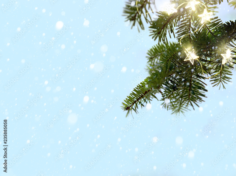 Obraz premium Merry Christmas - snow and fir tree branches with holidays lights