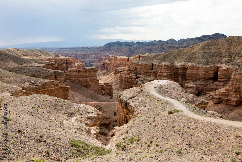 Fototapeta premium Charyn Canyon in Almaty region of Kazakhstan. Beautiful view of the canyon from the observation deck