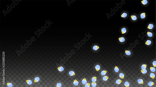 Vector Realistic Blue Petals Falling on Transparent Background.  Spring Romantic Flowers Illustration. Flying Petals. Sakura Spa Design. Blossom Confetti.
