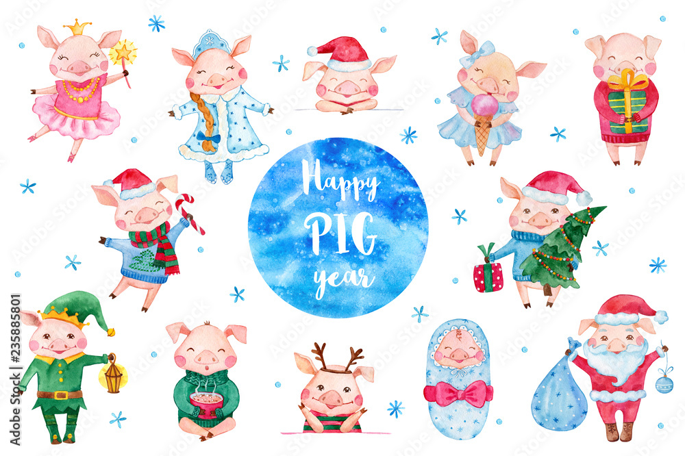 Fototapeta premium Set of cute watercolor pig cartoon characters.