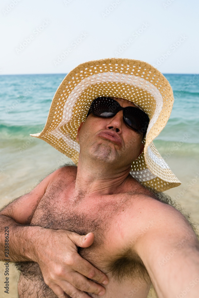 A parody of fashionable selfie girls on the beach.