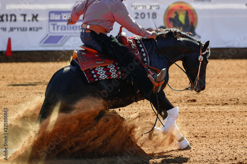 Widok z boku jeźdźca w dżinsach, kowbojskich czapkach i kraciastej koszuli na lejącym się koniu zatrzymuje się na arenie w czerwonej glinie.