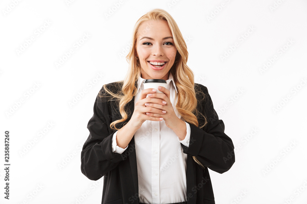 Amazing business woman posing isolated over white background wall holding coffee cup. Amazing business woman posing isolated over white background wall holding coffee cup.