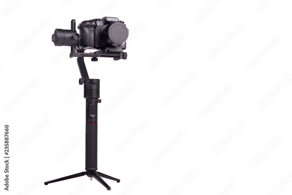 System stabilization video camera and lens on steady equipment support such  as gimbal steady or stabilized. White background Stock Photo | Adobe Stock