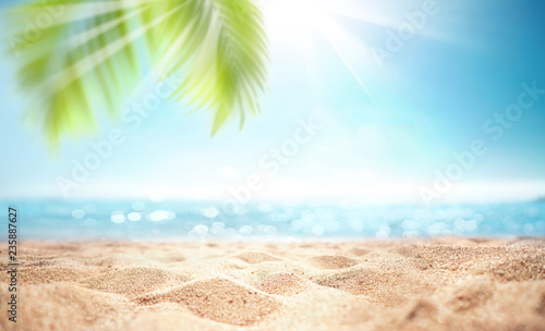 Fototapeta Naklejka Na Ścianę i Meble -  Abstract blur defocused background, nature of tropical summer beach with rays of sun light. Golden sand beach, sea water and palm leaves against sky. Copy space, summer vacation concept.