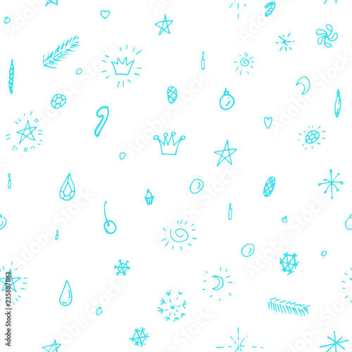 Collection of christmas festive decorations, modern flat design. Seamless pattern. Endless texture. Can be used for printed materials. Winter holiday background. Hand drawn design elements. 