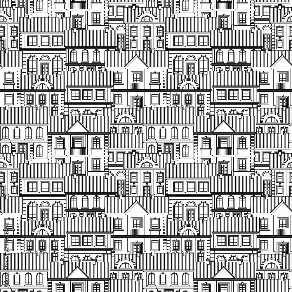 Set of Monochrome houses. Flat style Vector Seamless Pattern.