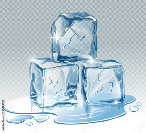 Transparent  blue vector ice cube and water drops