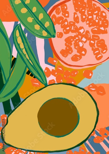 Illustration of avocado with pomegranate and peas