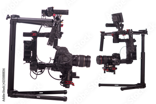 Systems stabilization video camera and lens on steady equipment support such as gimbal steady or stabilized. White background