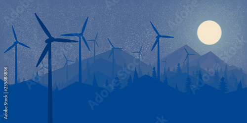 Windmills Wind Power Night forest and the mountains Big full moon Wallpaper  Landscape in the style of Flet Vector illustration