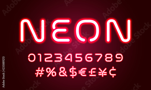 Neon light alphabet font numbers and special symbols with led hashtag. Vector red neon glow font alphabet with pink ultraviolet led light