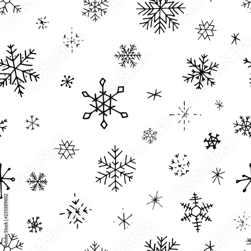 Collection of Christmas snowflakes, modern flat design. Seamless pattern. Endless texture. Can be used for printed materials. Winter holiday background. Hand drawn design elements. Festive card.