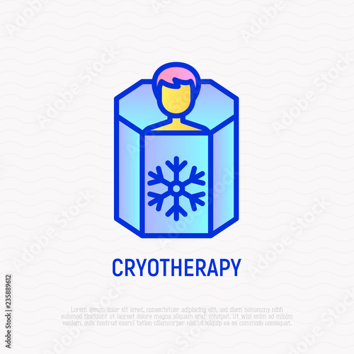 Cryotherapy thin line icon: man in cryo capsule. Modern vector illustration.