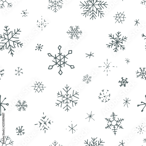 Collection of Christmas snowflakes  modern flat design. Seamless pattern. Endless texture. Can be used for printed materials.  Winter holiday background. Hand drawn design elements. Festive card.